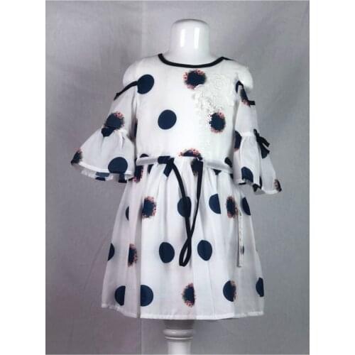 Female Child Navy Blue Shoul Outdoor Polka Dot Clothes Collar Zipper Short Sleeve Woven Trend Cotton Voile Young Lined