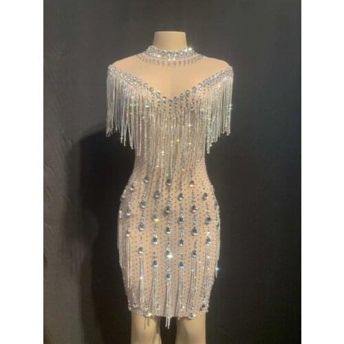 Women New Crystals Fringes See Through Mesh Dress Birthday Party Celebrate Stones Dress Bar DJ DS Nightclub Dance Costume Dress