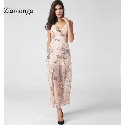 Ziamonga Nude Color Changeable Straps Flowers Sequined Party Dresses Women High Split Ankle Length Chiffon Long Maxi Dress S2809