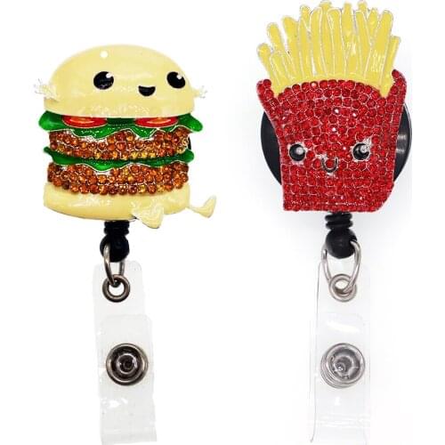 Free Shipping Cute French Fries/Hamburger Rhinestone Retractable Id Badge Holder Reel