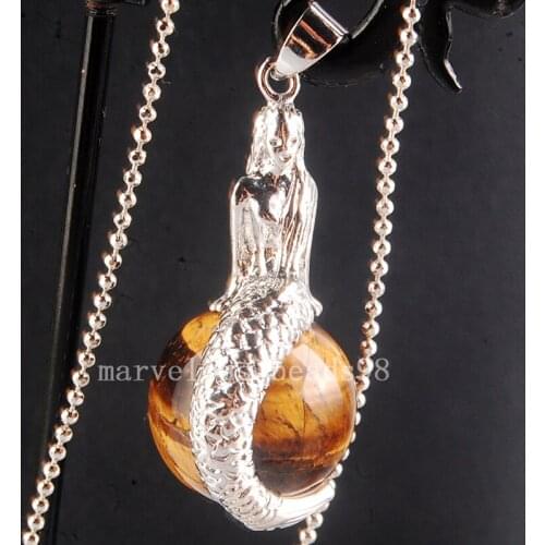 Free Shipping Fashion Jewelry Tigers Eye mermaid Women Men Round Globe Pendant With Chain 1Pcs MC3879