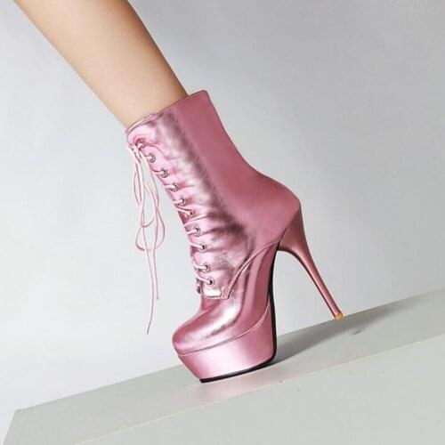 Smooth Leather Waterproof Booties Lace Up Pink High Vamp Thicken Warm Stiletto Ankle Boots Winter Women Solid Shoes Fall Spring