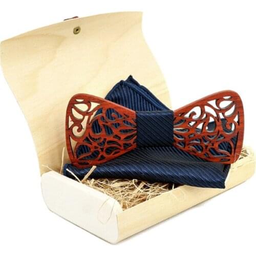 Paisley Wooden Bow Tie Handkerchief Set Mens Navy Blue Bowtie Wood Hollow carved Floral design And Box Fashion Novelty ties