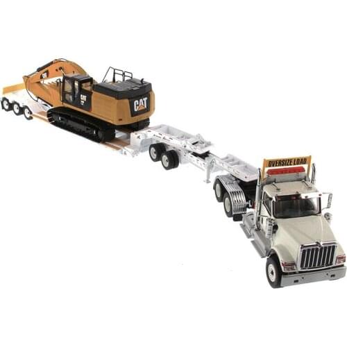 DM-85600 International HX520 Tandem Day Cab Tractor in White with XL 120 HDG Lowboy Trailer and Cat 349F L XE Excavator