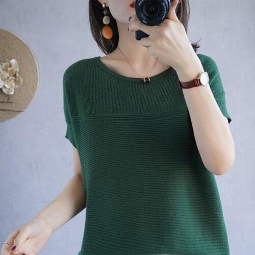 Pure cotton T-shirt 2021 summer new knitted short-sleeved loose solid color round neck hollow female hedging T-shirt
