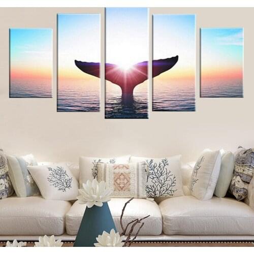 Canvas Painting Frame Wall Art Picture For Living Room Decor 5 Panel Modern HD Printed Whale Tail Sea View Sunrise Poster