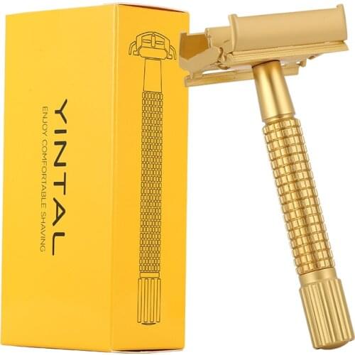 YINTAL Classic Dual Edge Manual Razor Short Brass Handle Safety Razors Gold Color Portable Travel Razors Men Shaving