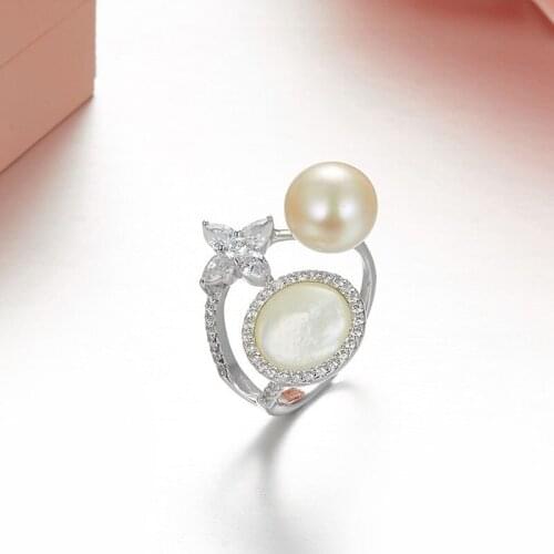 SLJELY 925 Sterling Silver Fashion Flower Cubic Zirconia Pearl Shell Ring Brand Design for Women Ladies Wedding Party Jewelry