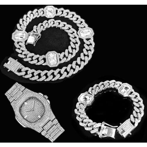 3pcs Kit Hip Hop CZ AAA 12.5MM Iced Out Square Crystal Cuban Chain Set Bling Necklace+Watch+Bracelet For Men Jewelry