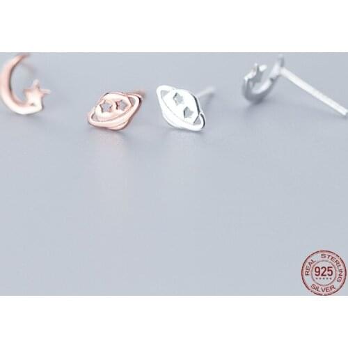 LKO 925 Sterling Silver Asymmetric Simple Planet Star Moon Stud Earrings For Women Girls Fine Birthday Gift Jewelry Ornaments