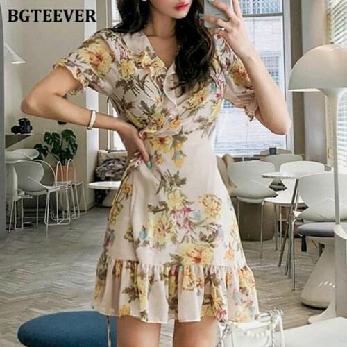 BGTEEVER V-neck Ruffles Floral Mini Dress for Women Elegant Short Sleeve Lace-up One Piece Female Chiffon Vestidos 2021 Summer