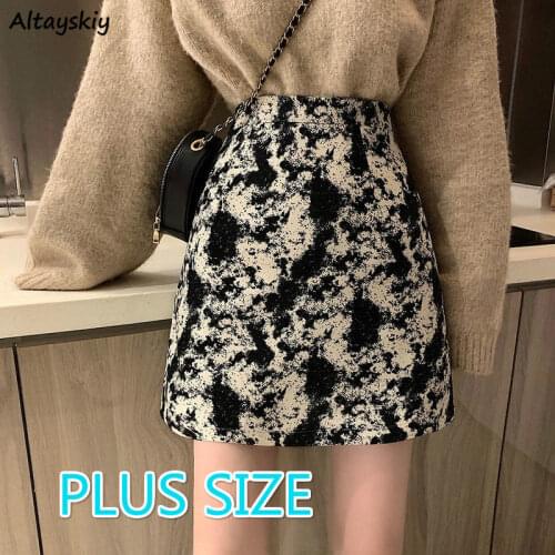 Mini Skirts Women A-line High Waist Elastic Slim Print Elegant Retro Korean Style Mujer Faldas All-match 3XL Plus Size Street