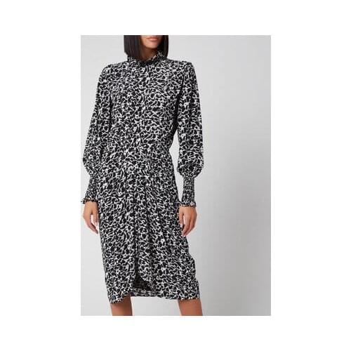 Fashion Viscose Dress Woman All-over Abstract Animal Print High Neck Ruffled Long Sleeves female dress