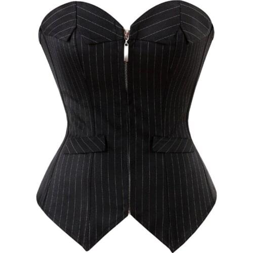 Fashion Sexy Black Striped Overbust Corset Office Lady Corselet Women Zip Corset Strapless Body Shaping Tops Plus Size