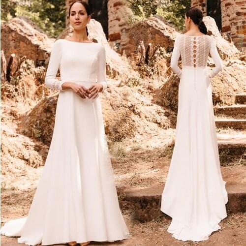 New Islamic Dubai Kaftan Saudi Arabic Wedding Dress Long Sleeves Sheath Satin Bridal Gowns Custom Made 2021