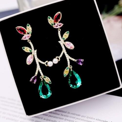 SWOUR New Fashion Jewelry S925 Silver Needle Colorful Crystal Pearl Leaf Design Long Party Dangle Earrings Femme Bijoux S603