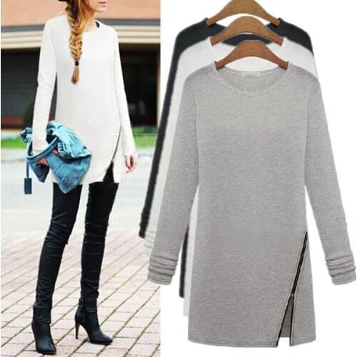 New Design Women Zipper Shirts Slim Song-sleeved Long Sections Top Plus Big Size M-XXL