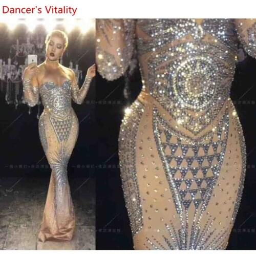 Nightclub Bar Opening Guest Stage Wear Diamond False Perspective Mullet Dress Women Singer DJ Dance Group Performance Costume