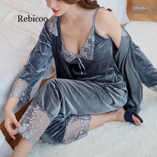 Autumn Winter Warm Pajamas Set Sexy Lace Pyjama Velvet Sleepwear V-neck Homewear Pijama Sleeveless Nightwear