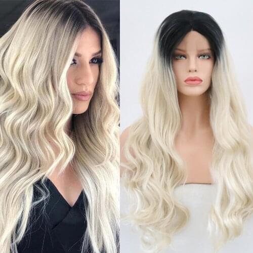 QUINLUX WIGS Ombre Platinum Blonde Wigs Middle Part Synthetic Lace Front Wavy Wig For Women African American Hair Cosplay Party