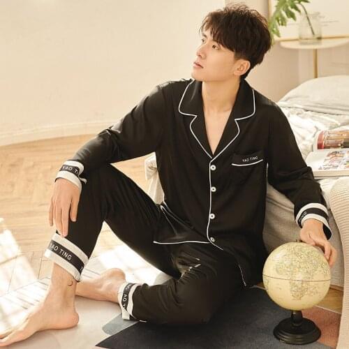 2021 Men Pajamas Set Solid Satin Summer Long Sleeve Autumn Homewear Silk Like Men Sleepwear Suit Casual Pyjamas Male Sleep
