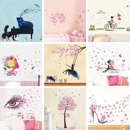 Romantic Sakura Flowers Fairy Eye Butterfly Wall Stickers For Girls Room Home Decoration Diy Bicycle Piano Wall Art Kids Decals