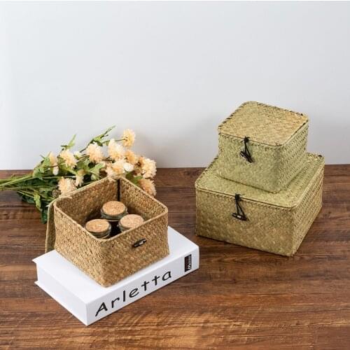 Rattan Baskets with Lid Set of 3 Handwoven Seagrass Storage Box Wicker Basket Desktop Makeup Organizer Multipurpose Container