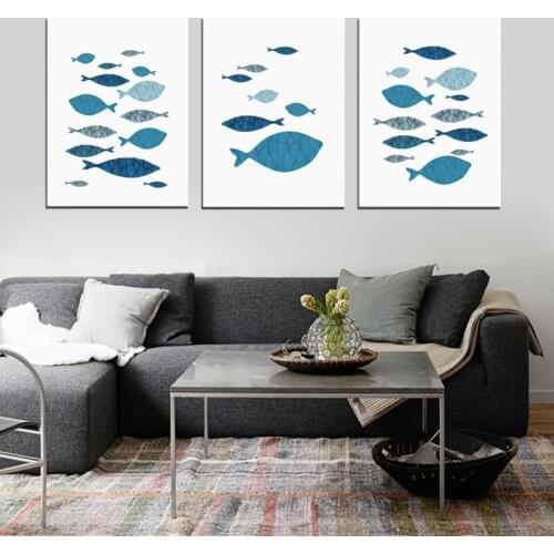 Blue fish Canvas Painting Nordic Modern Abstract Fish Paintings on Canvas Print Animal Pictures for Kids Room Decor