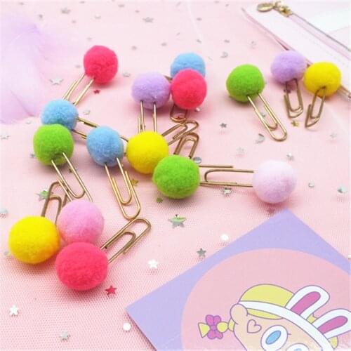 Yisuremia 6pcs/Lot Kawaii Fuzzy Ball Metal Paper Clip Decorative Bookmark Memo Binder Clips School Office Stationery Supplies
