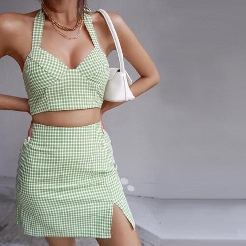 2021 Summer Womens High Waist Plaid Skirt Sexy Short Summer Halter Camisole Set Fashionable Cute Sweet