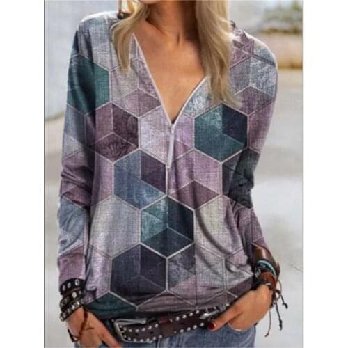 Spring Autumn Womens Long-sleeved Tops New Casual Loose Ladies V-neck Sweaters Stitching Geometric Pattern Womens Tops Sweater