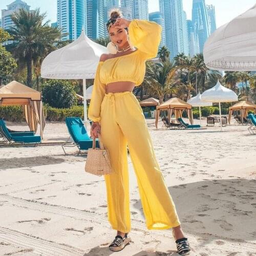2021 Bikini Beach Cover Up Two Piece Sets Women Swimwear Summer Crop Tops and Wide Leg Pants Suit Sexy Beach wear Female