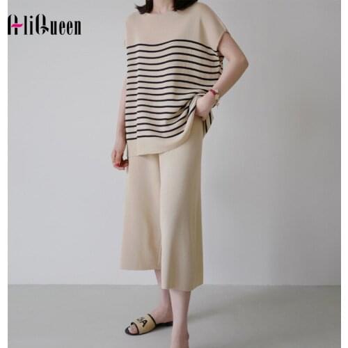 Autumn Temperament Striped Knitted Two Piece Casual Set Women Pullovers Tops + Wide-leg Pants Suits Elegant Outfits for Women