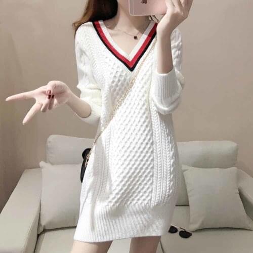 Women Knitted Sweater Pullover New Fashion V neck White Dress Winter autumn Sweater Jumper Vestidos