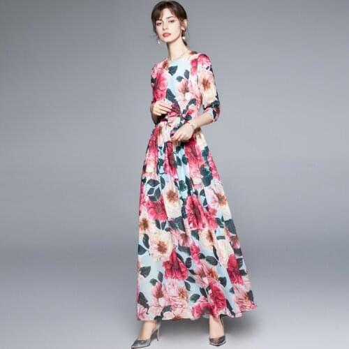 Runway Holiday Maxi Dresses Summer Women Long Sleeve Floral Print Sashes Pleated Boho Chiffon Long Dresses With Scarf k8812