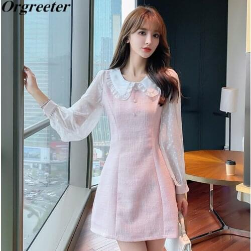2021 New Sweet Pink Tweed Short Dresses Women Fall Vintage Chiffon Patchwork Elegant Woolen Dot Mini Dress Vestidos