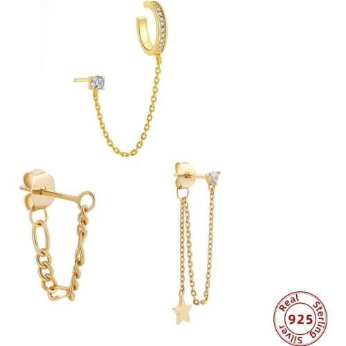 1 PC 18K Gold Plated Long Chain Star Drop Earrings for Women 925 Sterling Silver CZ Zircon Piercing Ear Cuff Fine Jewelry