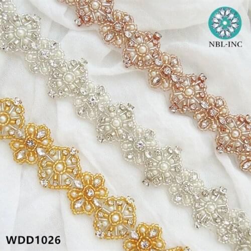 10 YARDS)Wholesale bridal beaded pearl rhinestone applique trim sewing iron on for wedding dress WDD1026