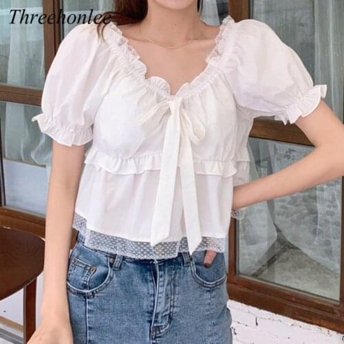 Sweet Womens Blouse Summer 2021 Puff Sleeve V-neck Crop Top Blouses Korean Blusas Mujer De Moda Tops Fashion Female Shirts