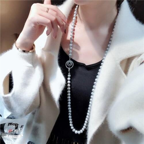 Hand knotted natural freshwater pearl 8-9mm 85-90cm long sweater chain micro inlay zircon accessories necklace fashion jewelry