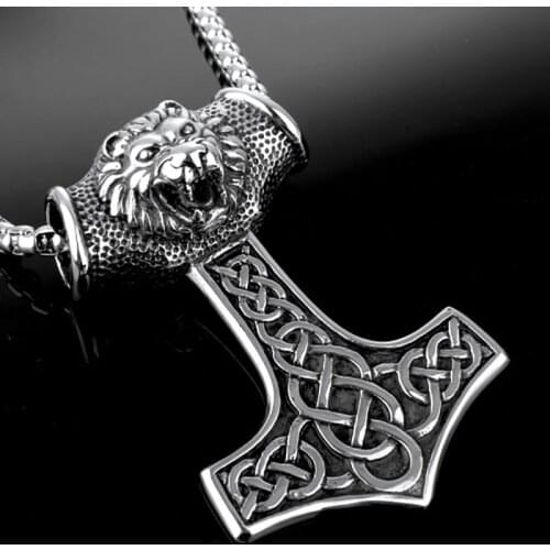 70g Large 53*78mm Personality Biker Lion Thor Hammer Pendant 316L Stainless Steel Silver Color Chain Mens Necklace Gifts 24