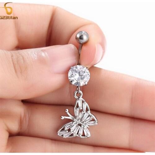 Butterfly Crystal Long Pendant Belly Button Piercing 14G Titanium Rod Woman Summer Body Jewelry Piercing