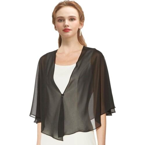 Elegant Black Chiffon Bolero Prom Party V neck Shrug Casual Cape for Women Wedding Party 2020