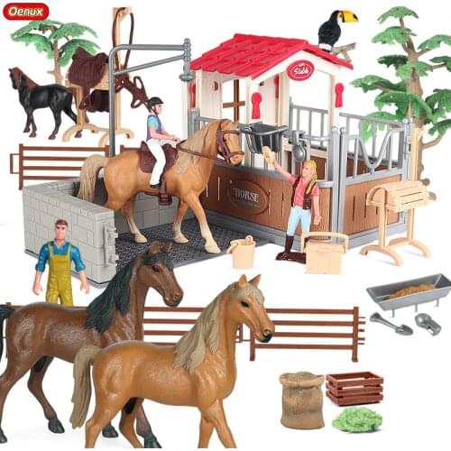 Oenux Farm Stable House Model Action Figures Emulational Horseman Horse Animals Playset Figurine Cute Educational Kids Toy Gift