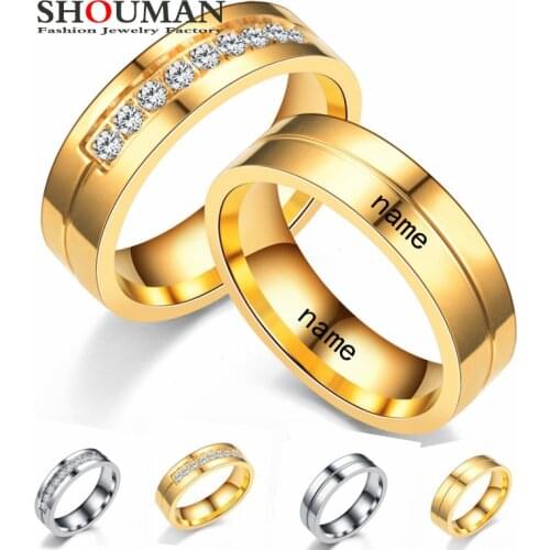 SHOUMAN 2020 Classic Gold Coler Lover CZ Stone Rings for Men Women Wedding Band Custom Engrave Name Charm Gift
