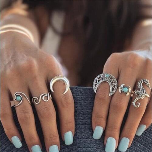 Retro Knuckle Rings for Women Turkish Boho Moon Seahorse Stone Vintage Midi Finger Rings Set Bohemian Jewelry 1741