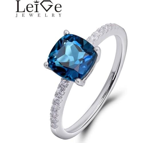 Leige Jewelry London Blue Topaz Ring Solitaire Gemstone 925 Silver Fine Jewelry Cushion Cut Prong Setting Wedding Ring for Women