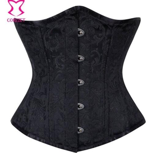 Black Brocade Corselet Underbust Corset Waist Cincher Trainer 24 Steel Boned Waist Slimming Corsets Espartilho Korsett For Women