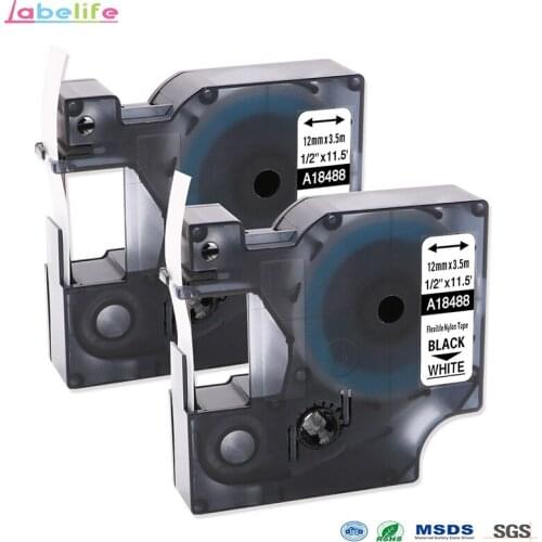 Labelife 2 Pack 18488 Rhino 12mm Flexible Nylon Labels S0718100 Black on White For DYMO LabelWriter and Industrial Label Printer