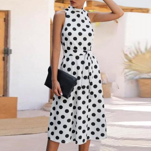 Summer Elegant Fashion Polka Dot Long Dress Women‘s Casaul High Waist Pleated Frenulum Knee-Length Dress Daily Office Dress